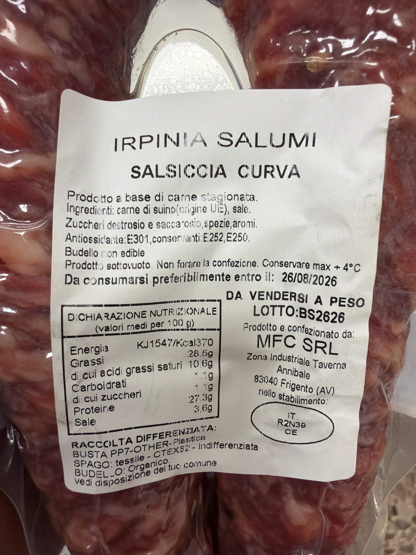 Salsiccia dolce di maiale stagionata trancio da 1kg