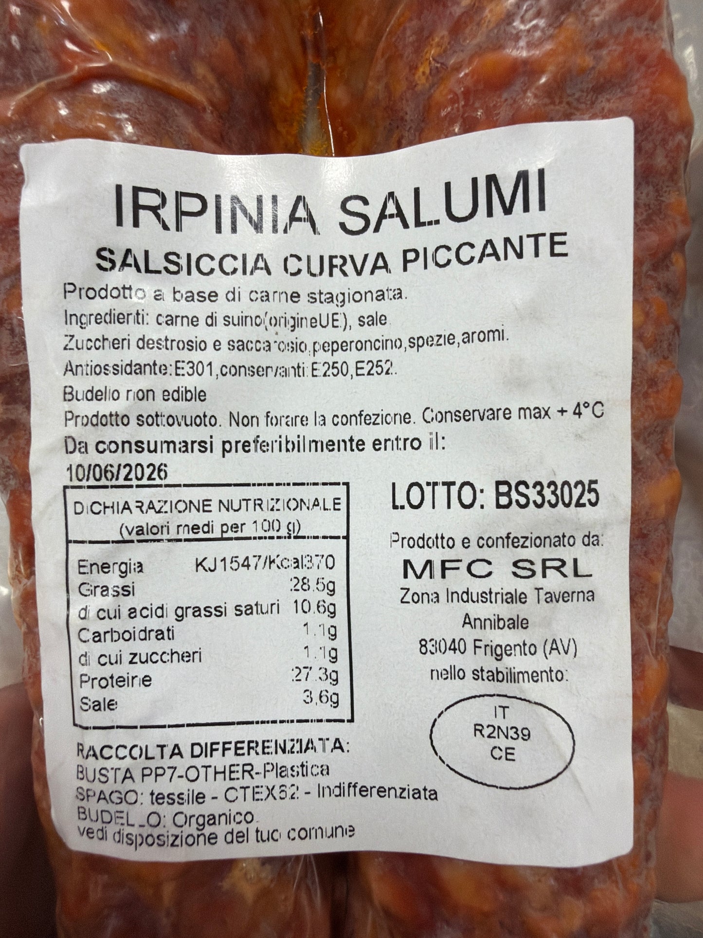 Salsiccia piccante di maiale trancio da 1kg