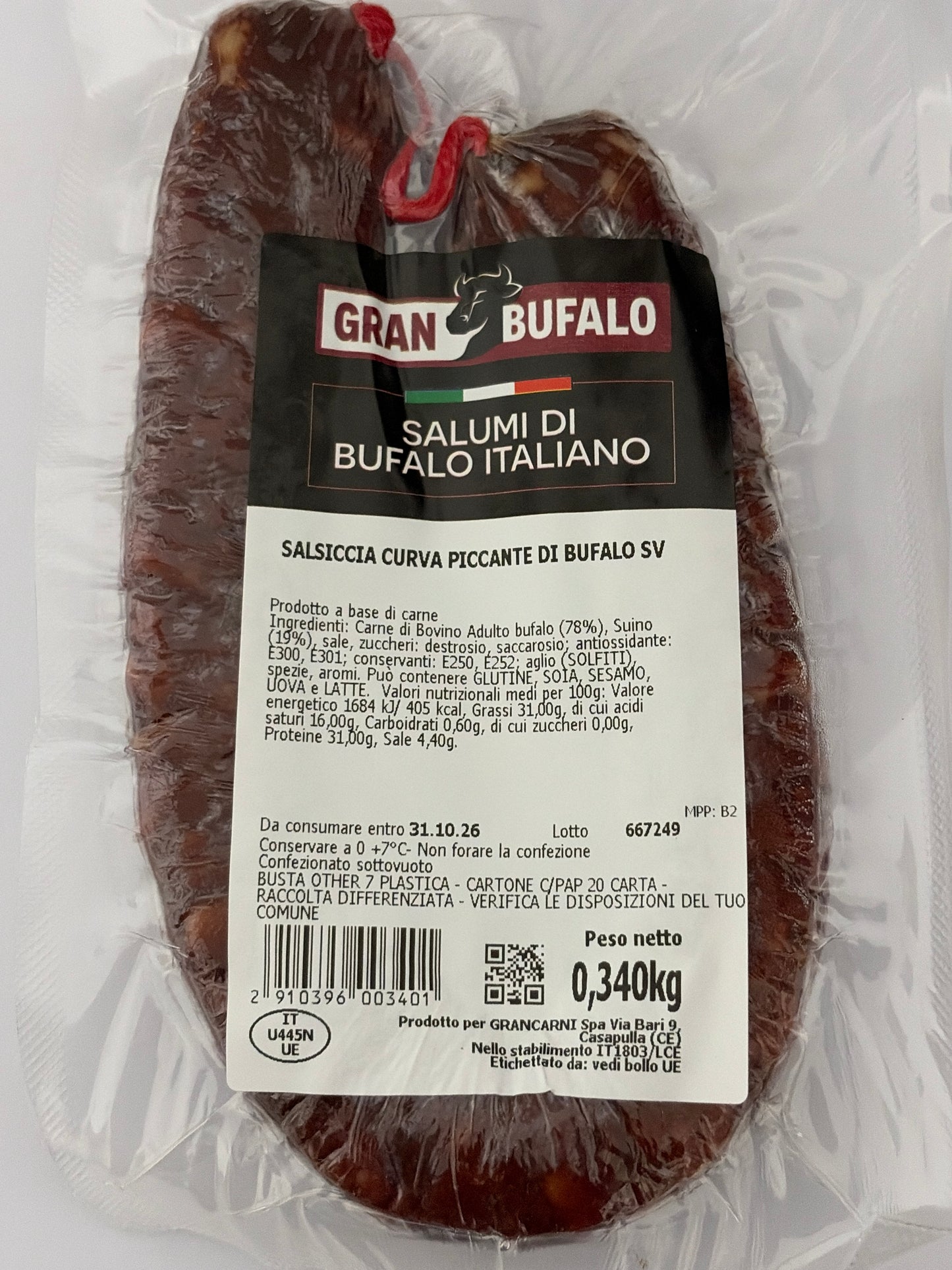 Salsiccia curva PICCANTE di Bufalo trancio da 350 gr