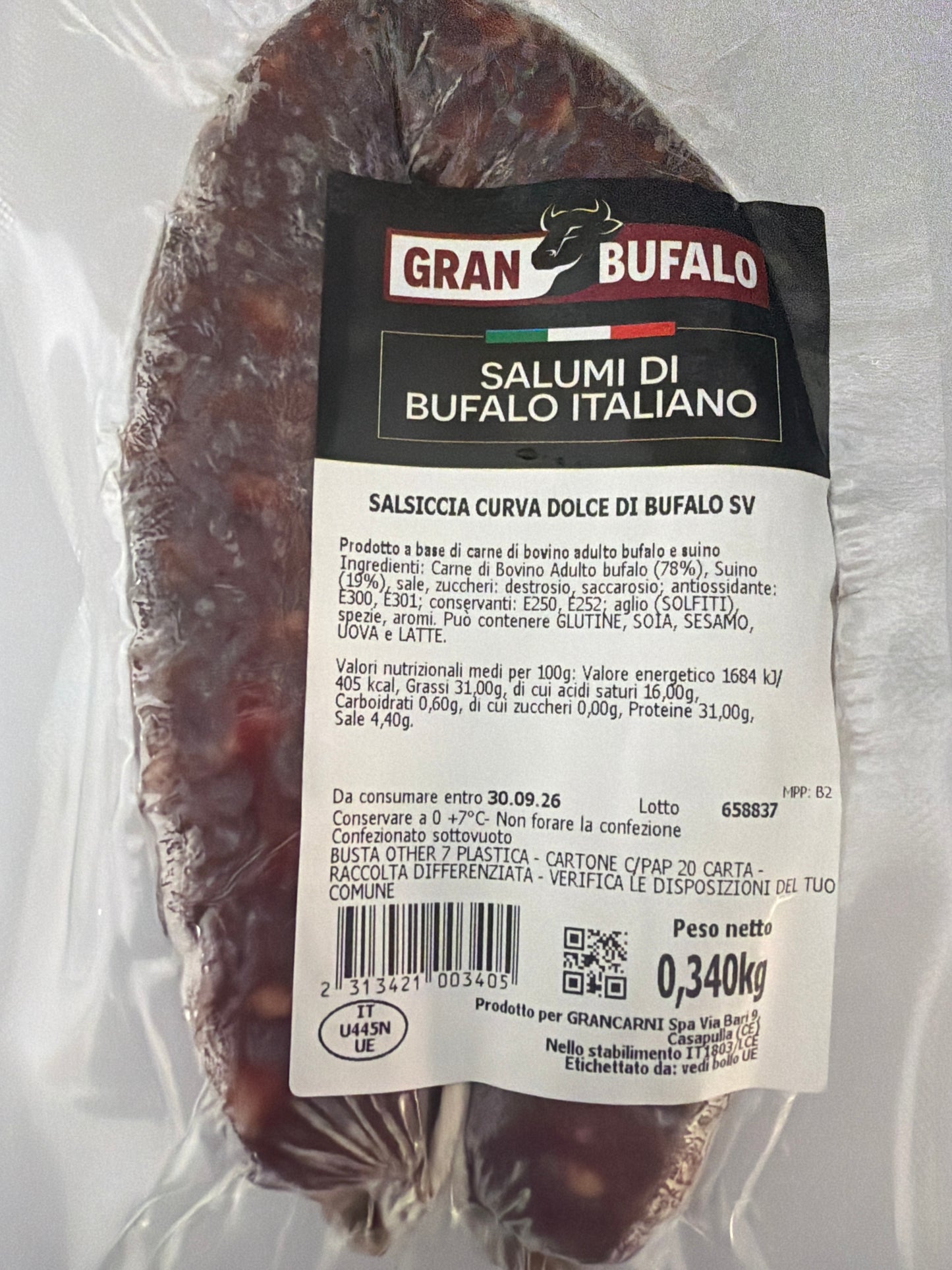 Salsiccia curva dolce di Bufalo trancio da 350 gr