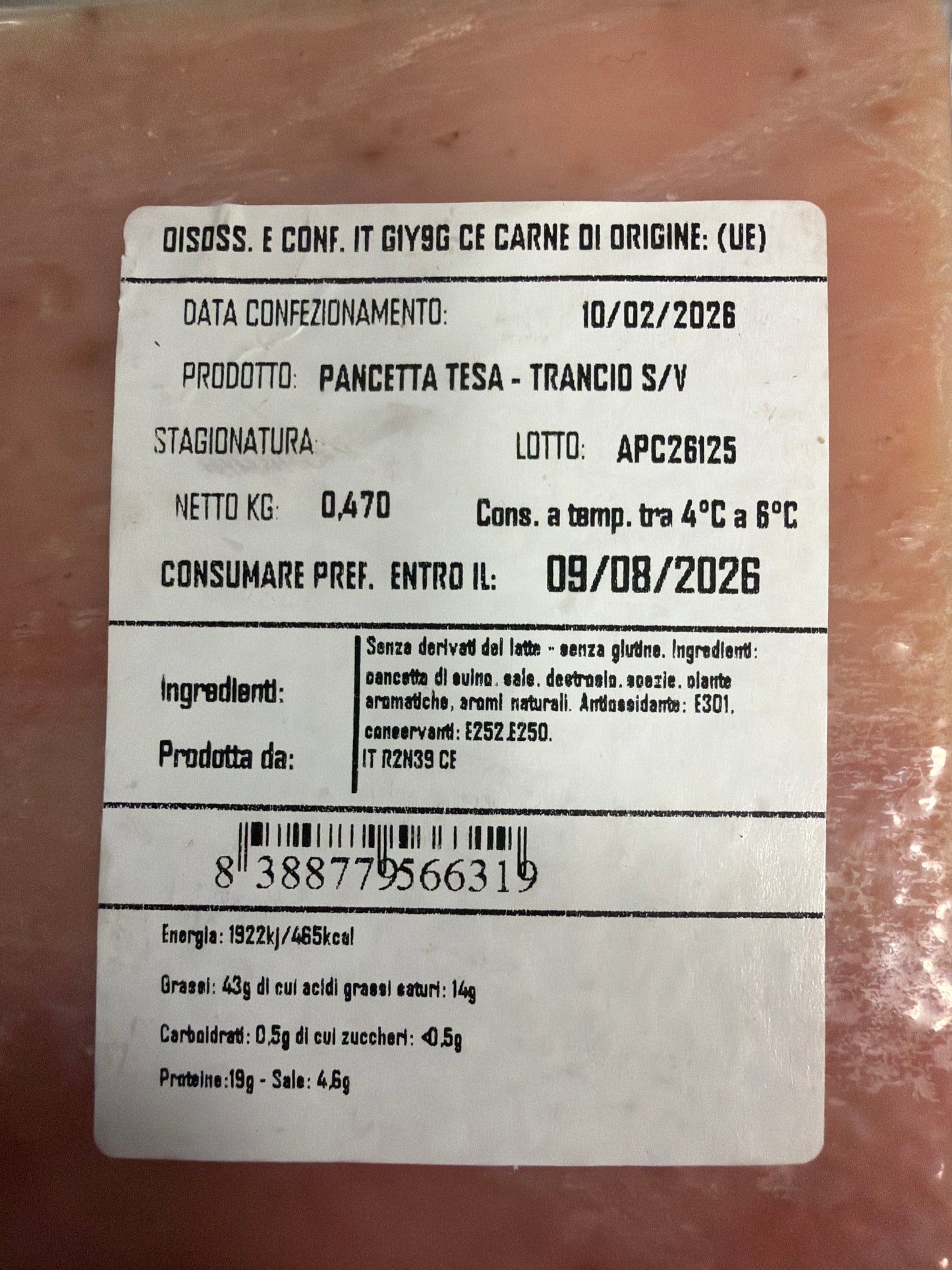 Pancetta di maiale trancio da 500 gr