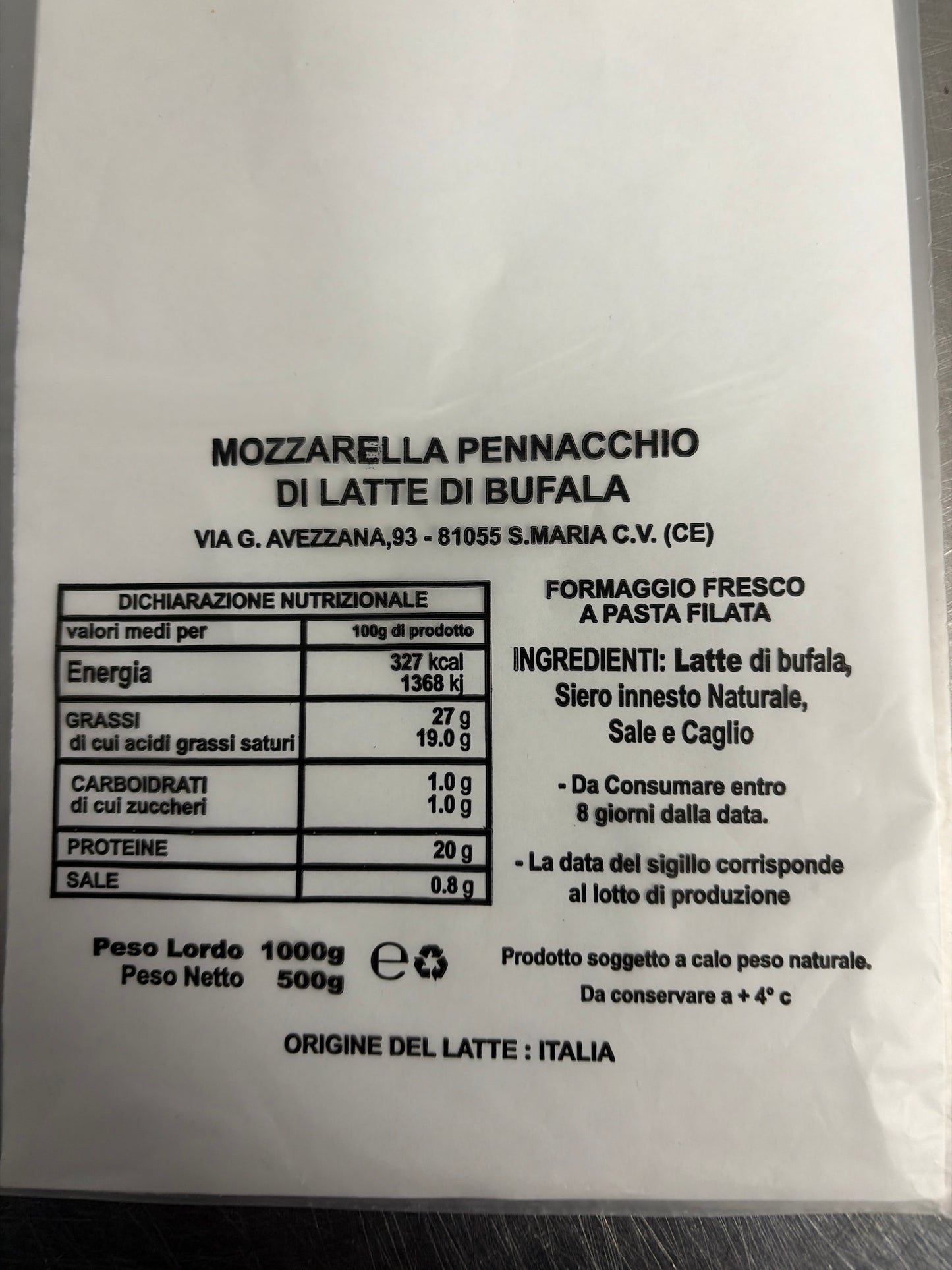 Mozzarella 100% km/0  di bufala porzione da 250 gr